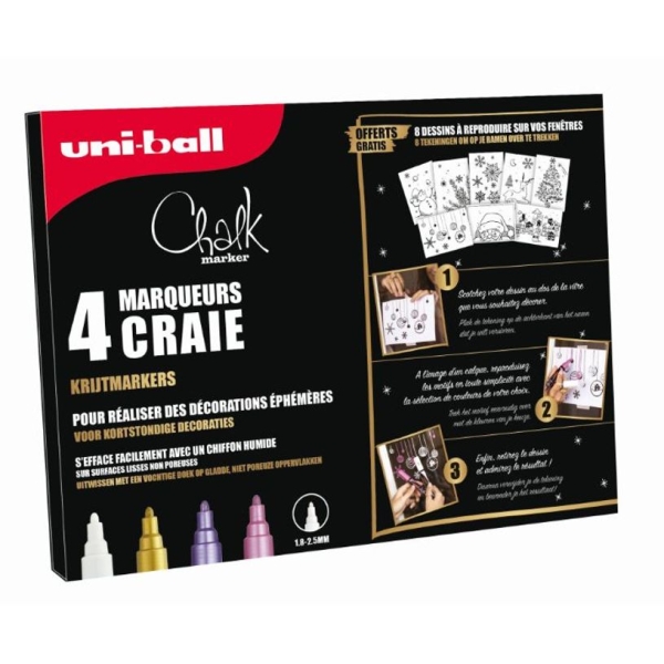 Marqueurs craie UNI CHALK - 4 couleurs chaude blanc or violet rose métal - pour ardoises vitrines miroirs
