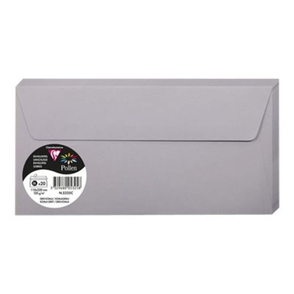 Enveloppes Pollen Clairefontaine 110x220 mm - Gris koala - Lot de 20 - Pour correspondance élégante