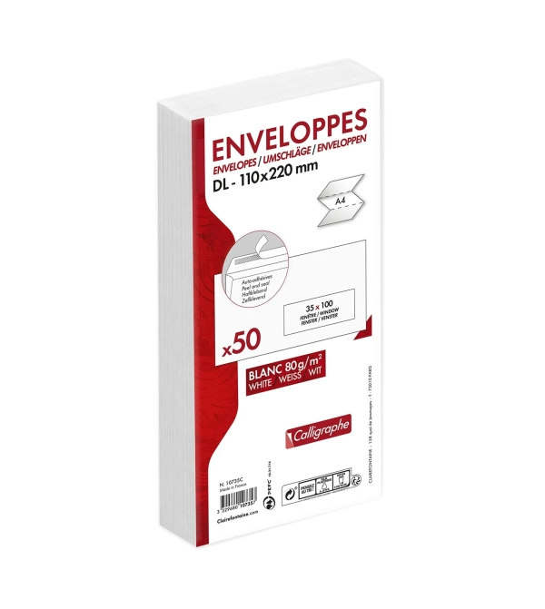 Calligraphe Paquet de 50 Enveloppes Blanches DL 110x220mm Auto Adhésives 80g/m² Fenêtre Papier Cristal 35x100 (position 20/20)
