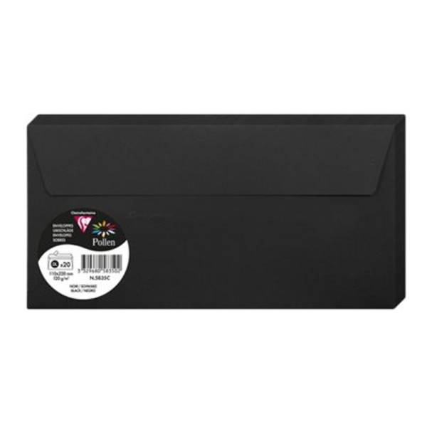 Enveloppes Clairefontaine Pollen 110x220 mm - Noir, Lot de 20 pour correspondance