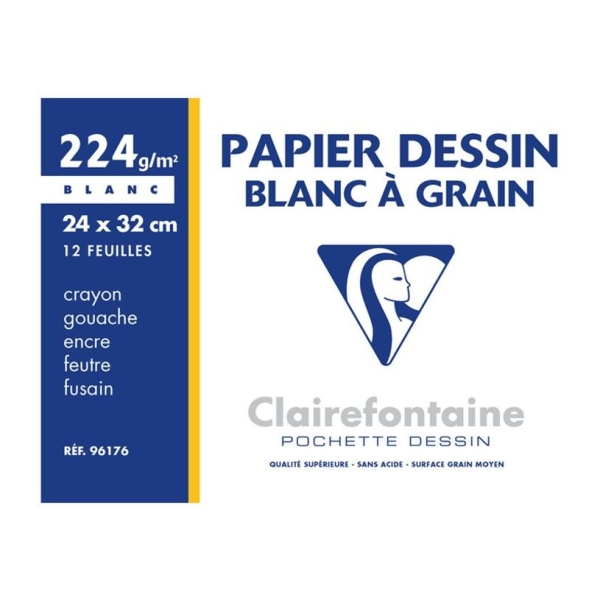 Papier à dessin Clairefontaine Dessin à Grain - Pochette 12 feuilles 24 x 32 cm 224 gr blanc pour artistes