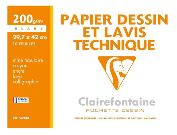 Pochette dessin Clairefontaine format A3 29,7 x 42 cm 10 feuilles papier 200g surface lisse pour dessin et lavis