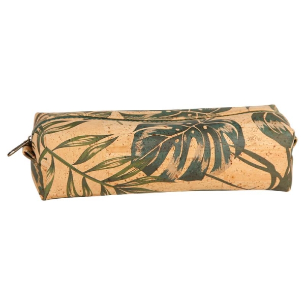 Trousse rectangulaire 21cm en liège naturel - Décor sérigraphié monstera pour fournitures scolaires