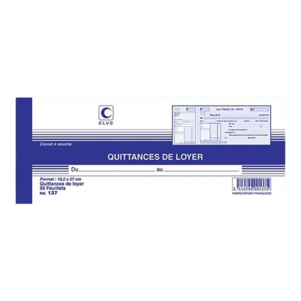 ELVE Carnet à souche quittances de loyer - 50 feuillets - 10 x 27 cm