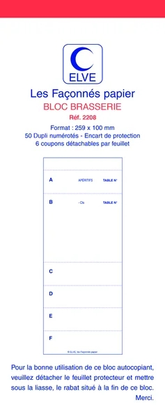 Bloc Brasserie ELVE 6 Coupons 100x259mm - 50 Feuillets Doubles pour Prise de Commande