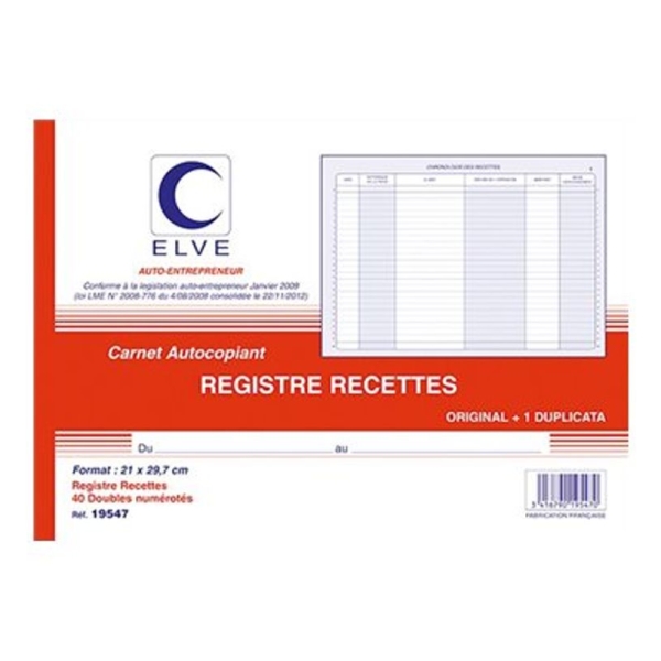 Manifold Carnet de recettes/dépenses ELVE - Auto-entrepreneurs - 40 duplicatas - Format A4
