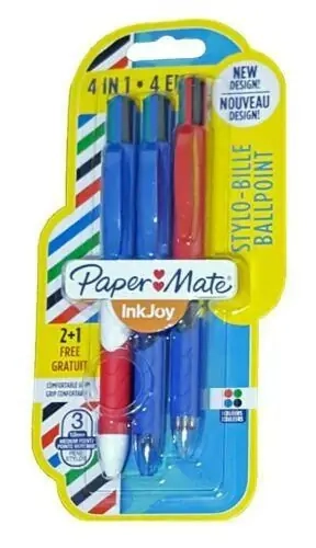 Stylos à bille Papermate Inkjoy Quatro - 4 couleurs Standard Pack 2+1 pour Écriture Polyvalente