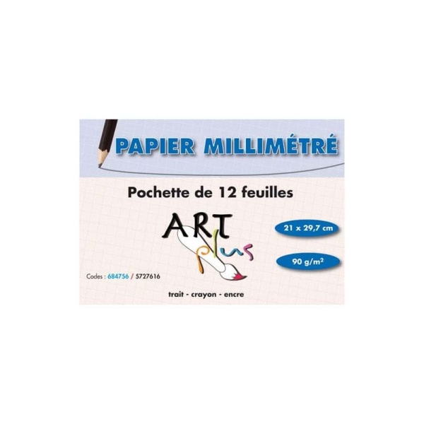 Papier millimétré ART PLUS - Pochette de 12 feuilles 90g A4 pour dessin technique et scolaire