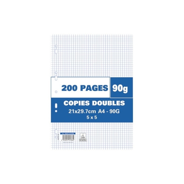 Sachet de 200 pages copies doubles A4 - Petits carreaux 5x5 90g perforées pour école et bureau