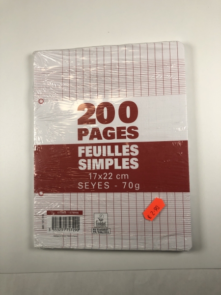 Sachet de 200 pages copies simples 17x22 grands carreaux Seyès 70g perforées - Usage scolaire