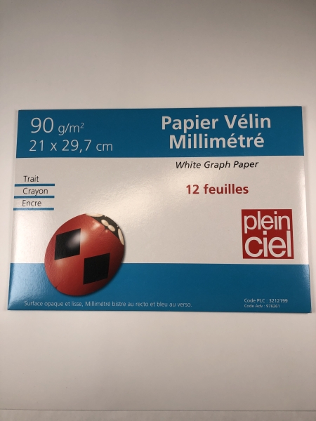 Plein ciel Pochette papier vélin millimétré - 12 feuilles, A4, 90 gr