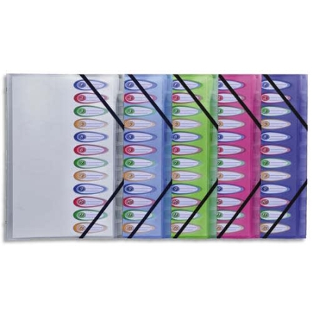 Trieur 12 compartiments 26x32cm en polypropylène opaque 5/100° avec index - 5 coloris pour organisation bureau