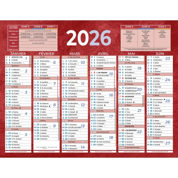 Calendrier bancaire BOUCHUT 205 - 13,5 x 17,5 cm Rouge PEFC 70% pour organisation annuelle