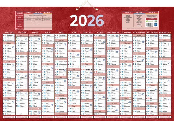Calendrier bancaire BOUCHUT 228 Rouge - Année civile 43x65 cm Rouge PEFC 70% pour bureau