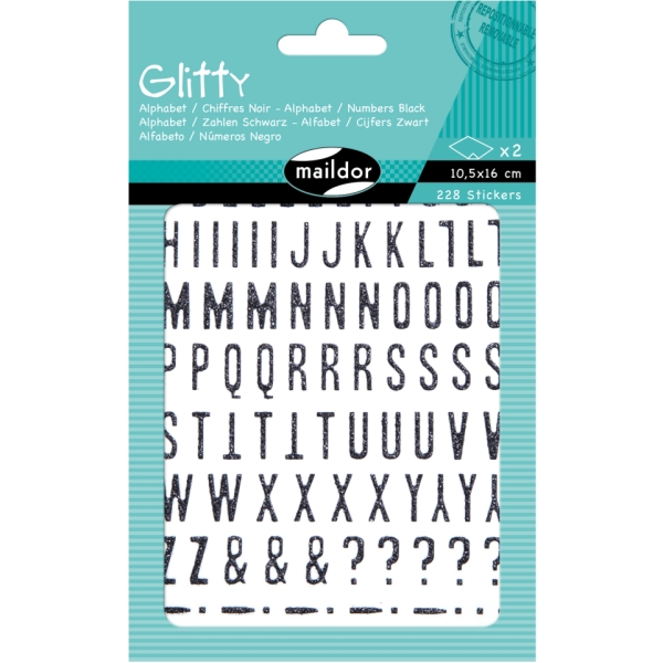 stickers autocollants décoratifs Glitty Maildor - Alphabet et chiffres noirs, 10,5 x 16 cm, 2 planches