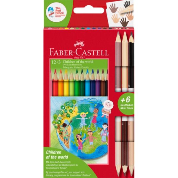 Crayons de Couleur Faber-Castell Enfants du Monde 12+3pcs - Pour Dessin et Coloration