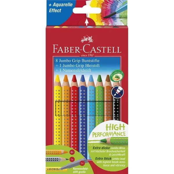 Crayons de couleur Jumbo Grip FABER-CASTELL 280921 - Set 8 pièces avec crayon à papier et étiquette pour nom