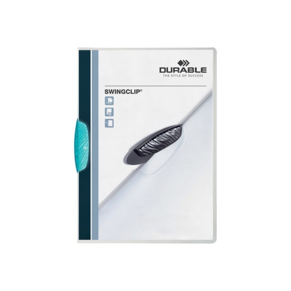 Chemises à clip DURABLE SWINGCLIP A4 - Clip bleu moyen transparent pour documents non perforés