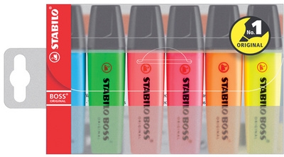 Surligneur STABILO BOSS ORIGINAL - Étui PET de 6 couleurs assorties - Encre à l'eau - Pointe biseautée 2-5 mm pour bureau et école