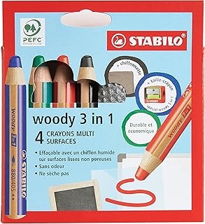 Crayon multi-surfaces lisses STABILO Woody 3in1 - Etui carton 4 crayons + taille crayon + chiffonnette pour dessin