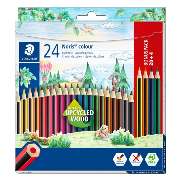 Crayons de Couleur STAEDTLER Noris Colour 185 - Etui 24 Crayons Assortis en Bois Upcyclé - 20 + 4 Offerts pour Dessin et Coloriage