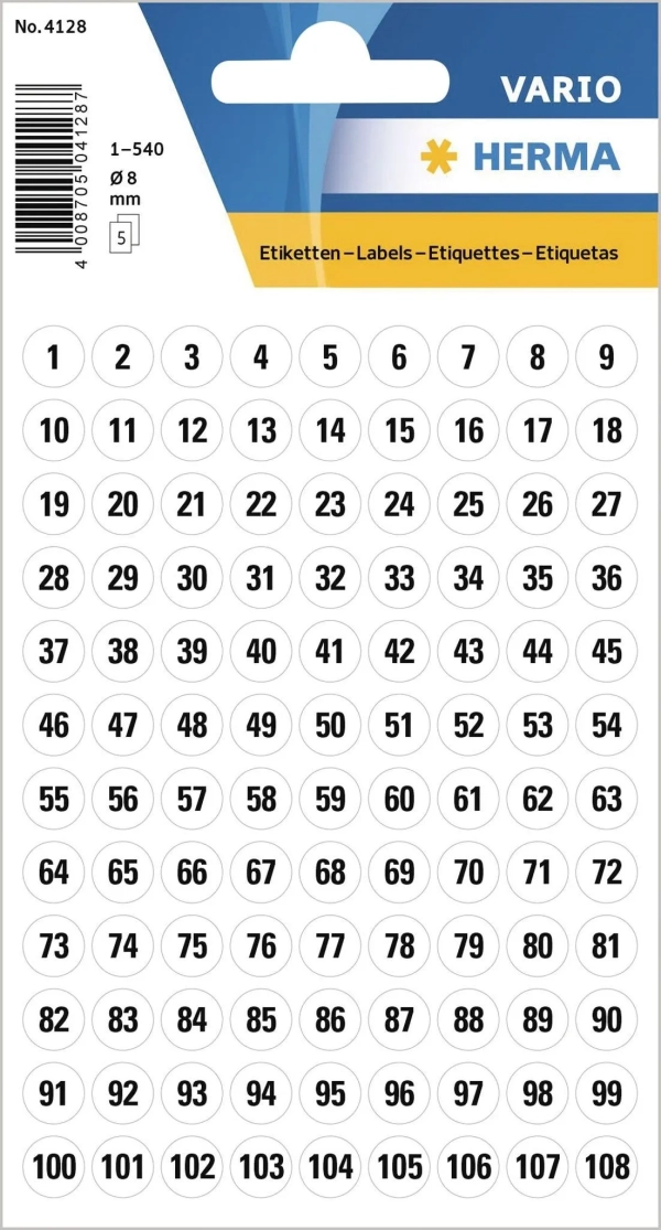 Autocollants numérotés HERMA 540 pièces - 8 mm - Chiffres adhésifs noirs pour organisation informatique et étiquetage