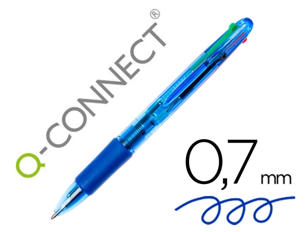 Stylo-bille Q-Connect 4 couleurs - pointe moyenne 0,7 mm corps translucide bleuté pour écriture bureau et école