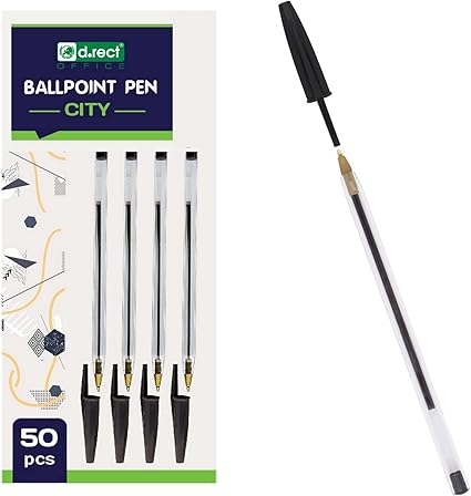 Stylos bille D.RECT City - Lot de 50, Couvercle transparent, Boule carbure tungstène, Encre noire pour bureau