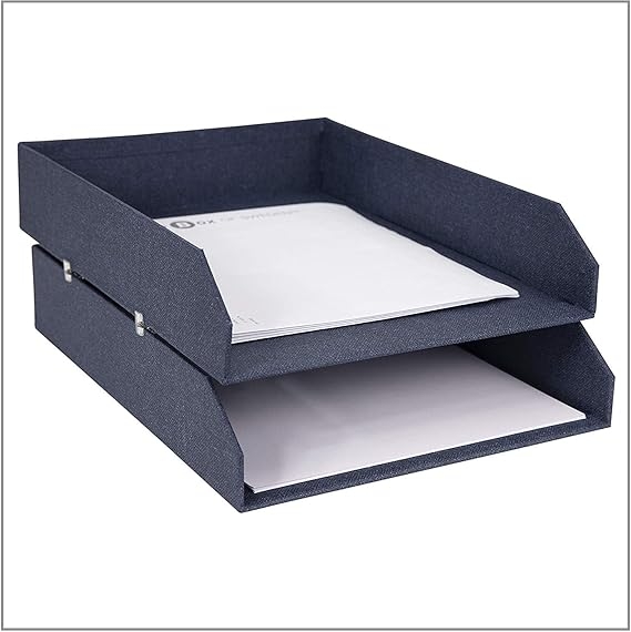 Lot de 2 bannettes empilables pour papiers - Bleu et Gris - Organisation de bureau ou maison