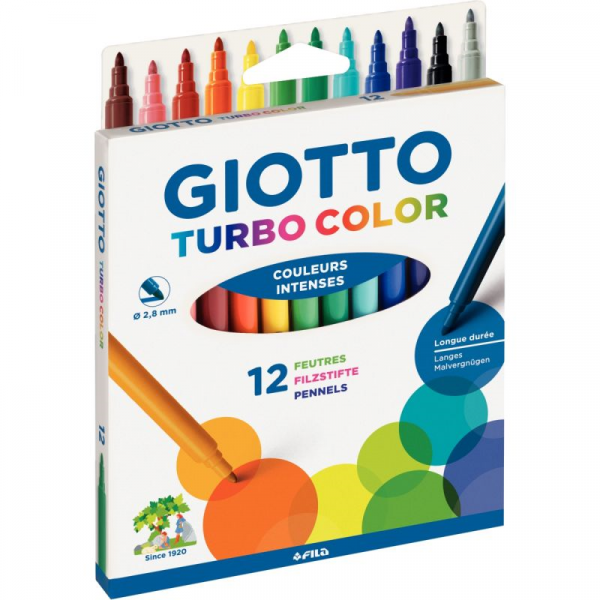 Etui de 12 feutres pointe moyenne Giotto Turbo Color - Couleurs vives pour dessin et coloriage