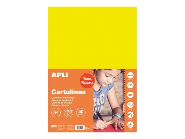 Papier couleur APLI A4 180 g jaune fluo - 50 feuilles pour fournitures scolaires et bureau