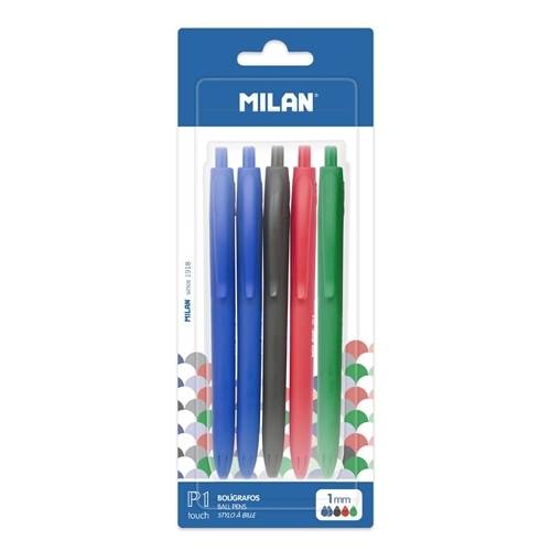 Blister 5 stylos Milan - Bleu, noir, rouge et vert pour écriture polyvalente