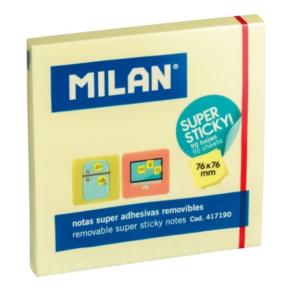 Notes adhésives Milan Fluo - 76 x 76 mm - 100 feuilles - jaune - Pour bureau et organisation