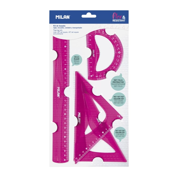 Kit de traçage Milan M359801P - Rose translucide, règle 30 cm, équerres 90º/45º/45º et 90º/60º/30º, rapporteur 180º 10 cm - Pour école et bureau