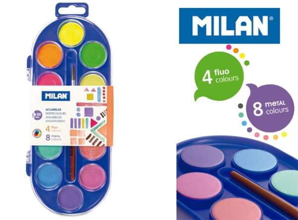 Boîte de peinture à l'eau - 12 couleurs fluos et métallisées - Pinceau inclus pour loisirs créatifs