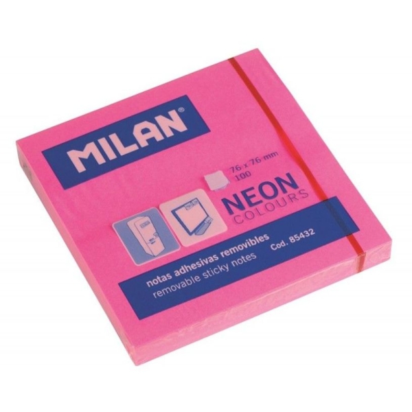 Notes adhésives Milan Fluo - 76 x 76 mm - 100 feuilles - rose néon - Pour bureau et organisation