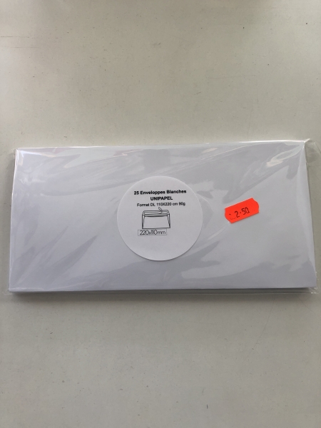 Enveloppes Blanc UNIPAPEL Format DL 110x220 mm 90g - Lot de 25 pour courrier professionnel ou personnel