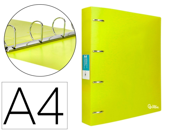 Classeur Liderpapel 4 anneaux 40 mm A4 polypropylène dos 55 mm porte-cartes de visite jaune fluo pour classement scolaire et bureau
