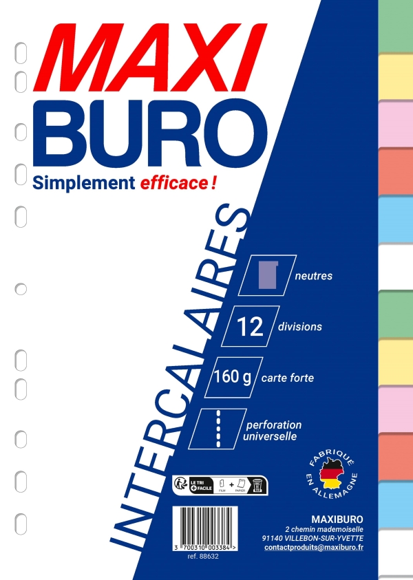 Intercalaires 12 positions Maxiburo Bristol Couleur - 3/10e Neutres pour Classement Bureau