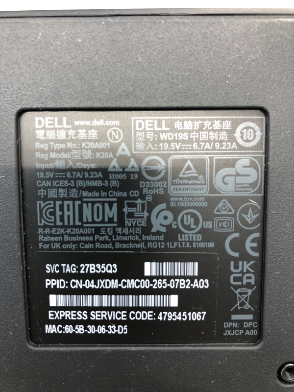 Station d'accueil USB-C Dell WD19S - 2xUSB-C, 3xUSB, 2xDP, HDMI, RJ45, Alimentation 130W pour ordinateur