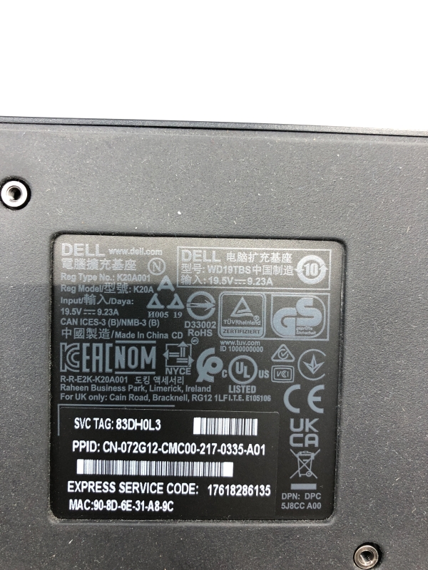 Station d'accueil USB-C DELL WD19TBS - 2xUSB-C, 3xUSB, 2xDP, HDMI, RJ45, Alimentation 180W - Pour ordinateur